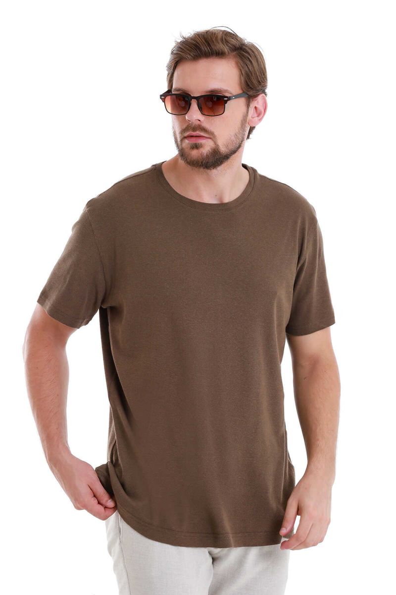 Kahverengi Regular Fit Bisiklet Yaka Keten Tişört - Hatem Saykı