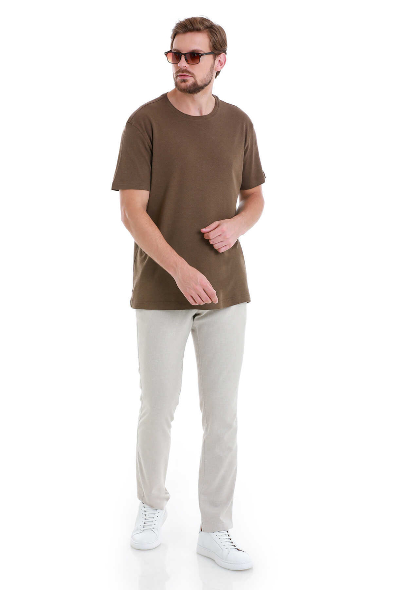 Kahverengi Regular Fit Bisiklet Yaka Keten Tişört - Hatem Saykı (1)