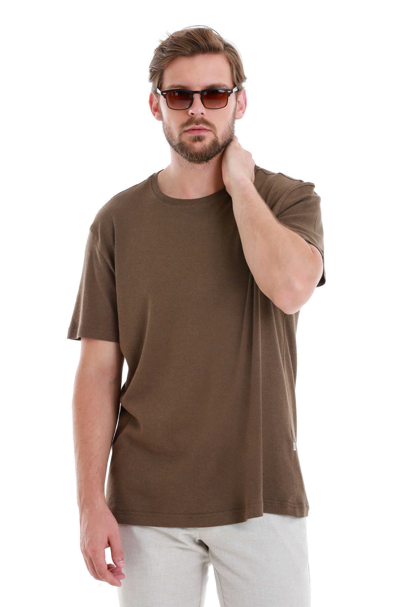 Kahverengi Regular Fit Bisiklet Yaka Keten Tişört - Hatem Saykı (1)
