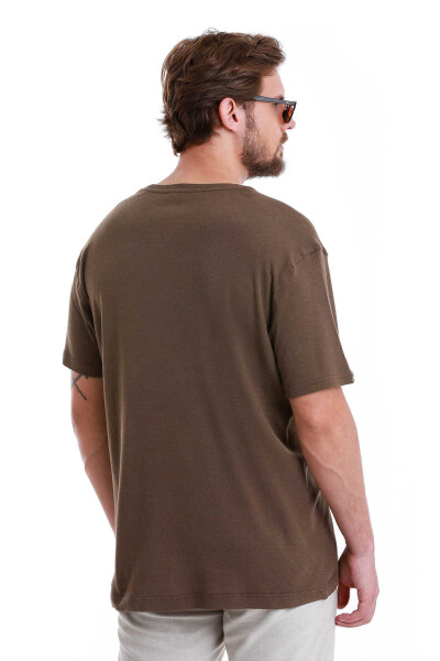 Kahverengi Regular Fit Bisiklet Yaka Keten Tişört - 7