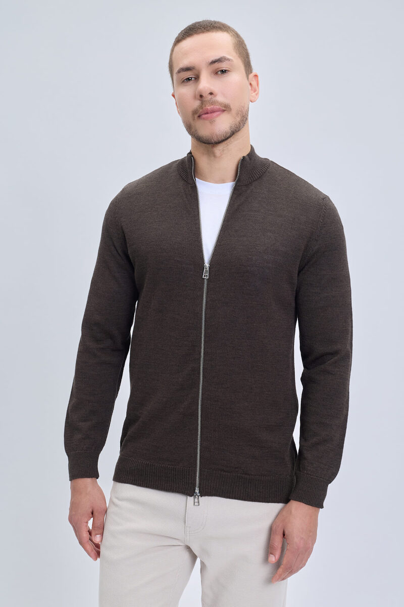 Kahverengi Comfort Fit Yarım Balıkçı Yaka Yünlü Fermuarlı Triko Hırka