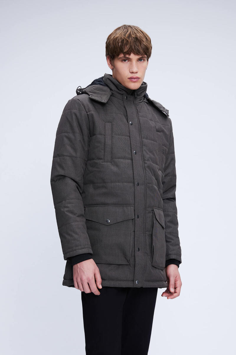 Kahverengi Regular Fit Hakim Yaka Desenli Kapitone Uzun Kapüşonlu Mont - Hatemoğlu