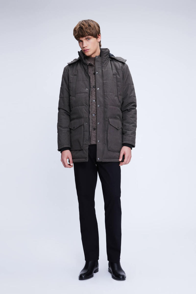 Kahverengi Regular Fit Hakim Yaka Desenli Kapitone Uzun Kapüşonlu Mont - Hatemoğlu (1)