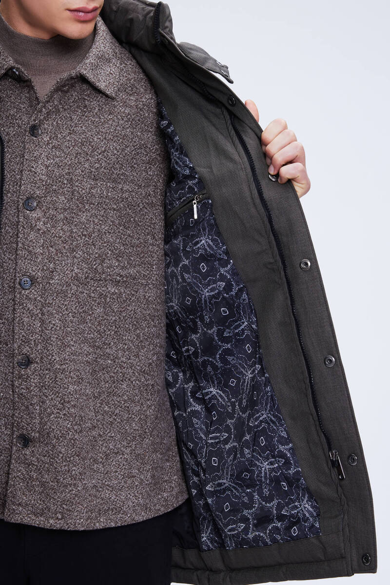 Kahverengi Regular Fit Hakim Yaka Desenli Kapitone Uzun Kapüşonlu Mont - Hatemoğlu (1)