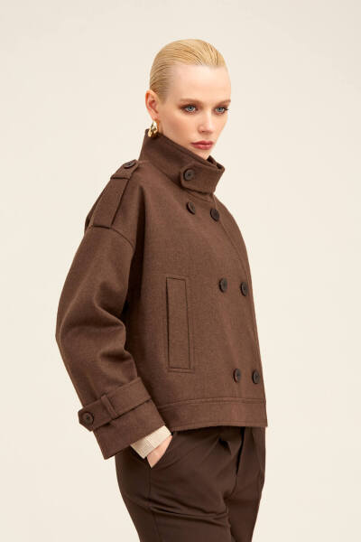 Saykı Woman Kahverengi Regular Fit Hakim Yaka Kaşe Oversize Mont - 6