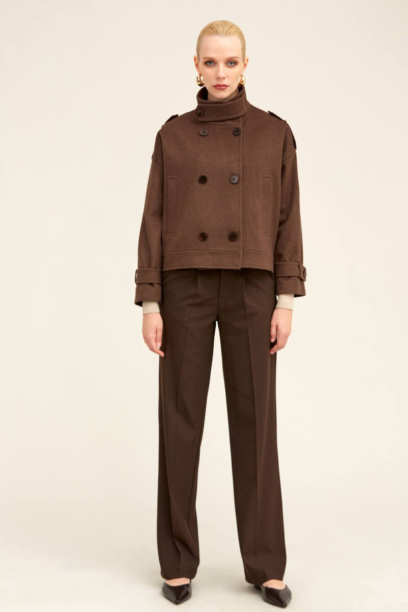 Saykı Woman Kahverengi Regular Fit Hakim Yaka Kaşe Oversize Mont - Saykı Woman