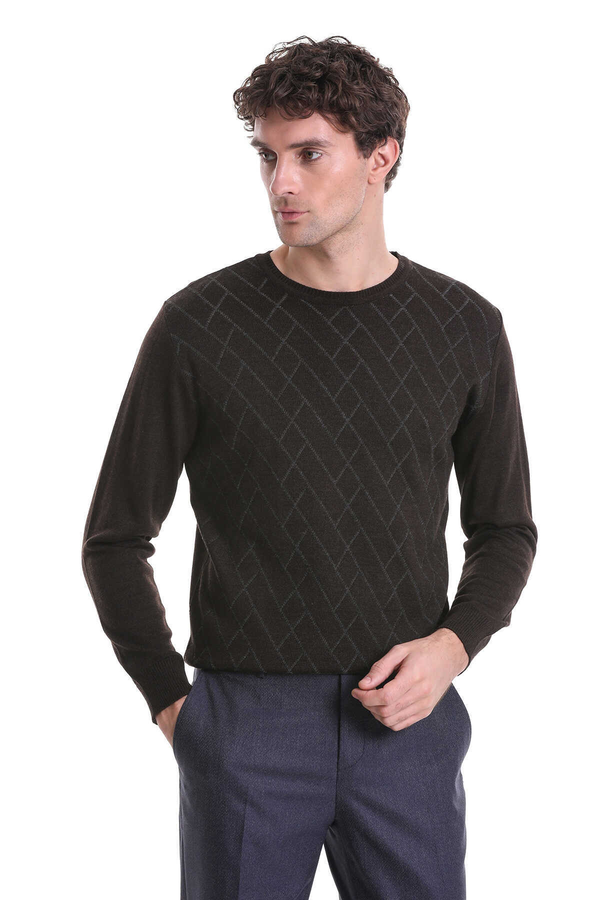 Kahverengi Regular Fit Jakarlı Bisiklet Yaka Yünlü Triko Kazak - 3