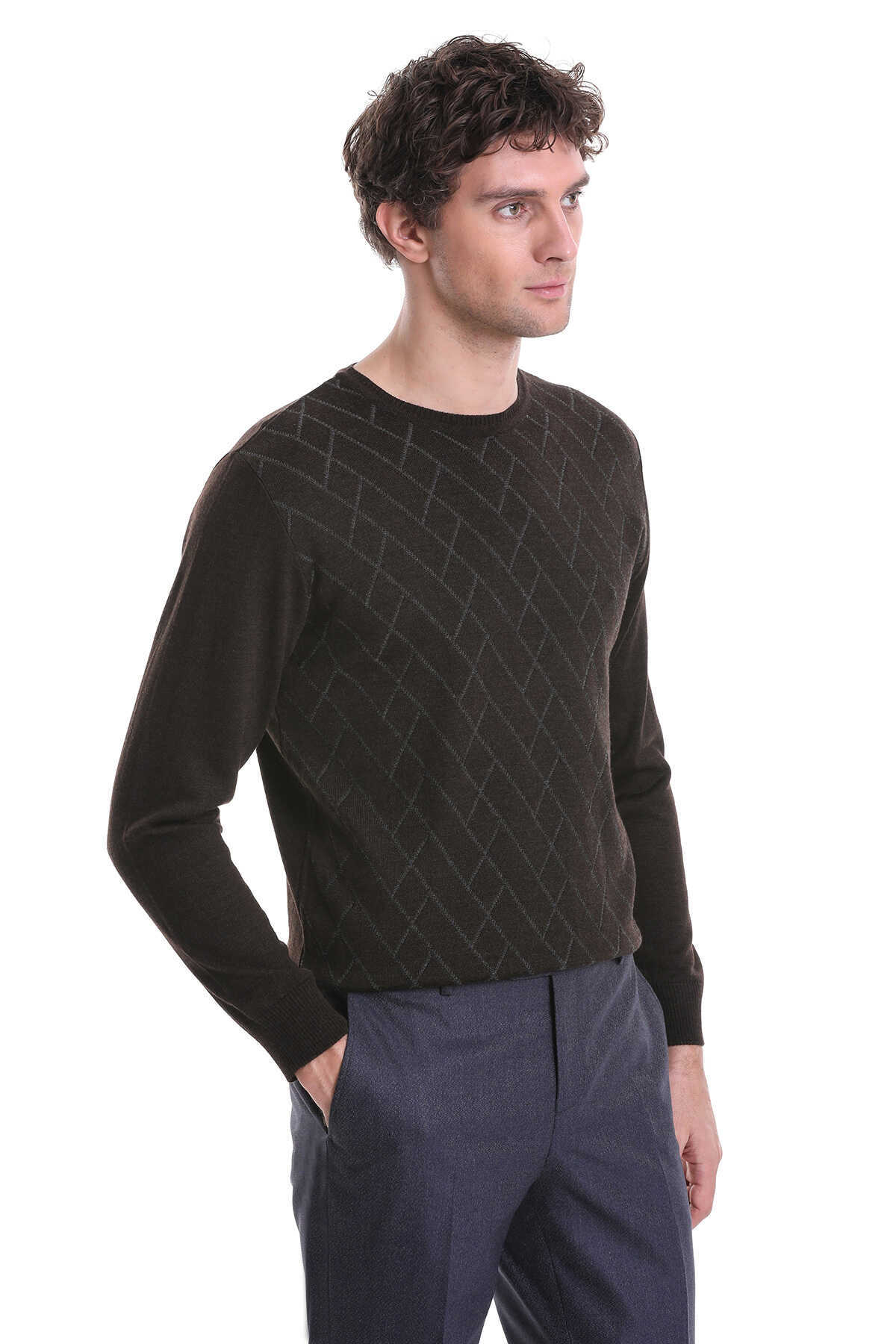 Kahverengi Regular Fit Jakarlı Bisiklet Yaka Yünlü Triko Kazak - 4