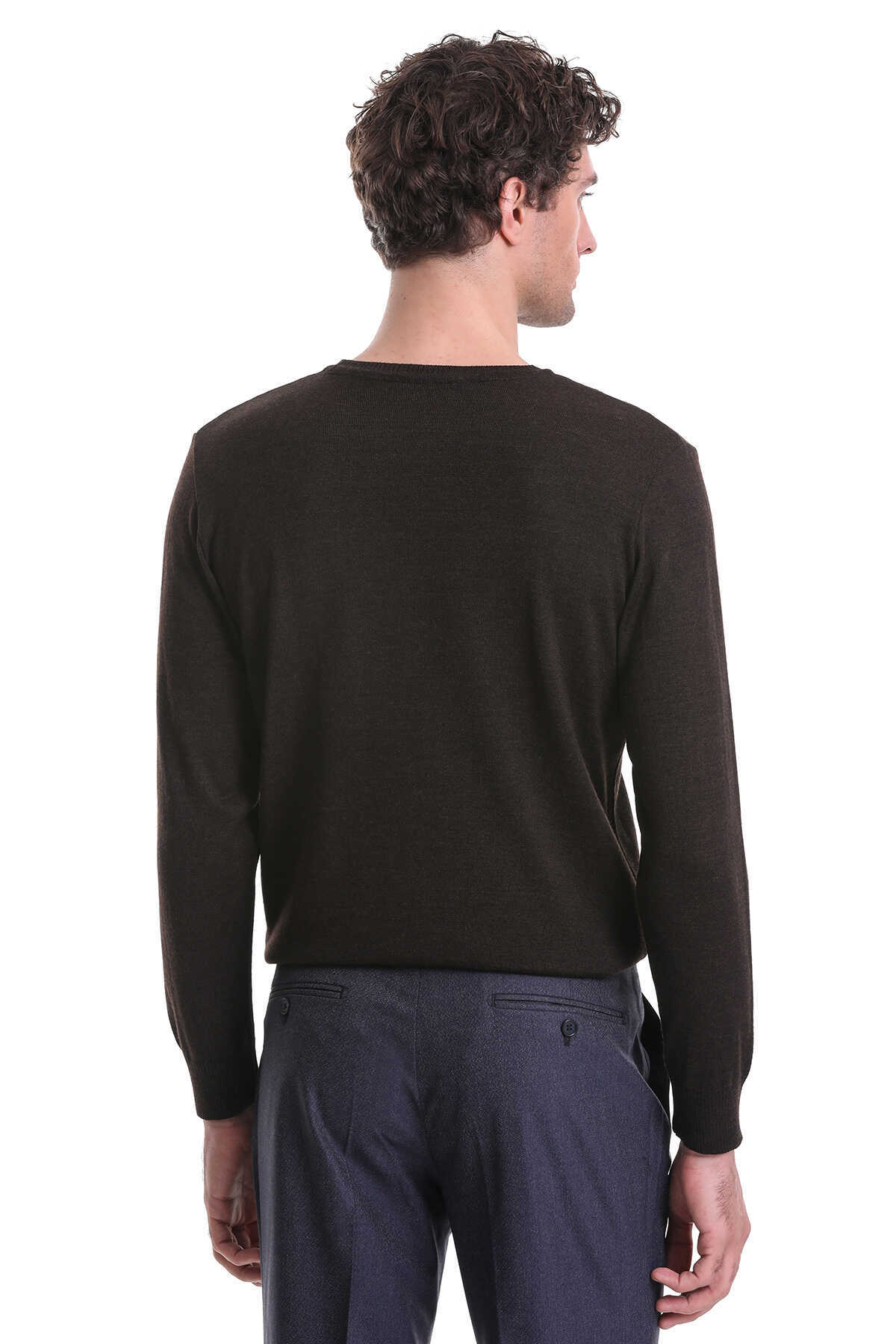 Kahverengi Regular Fit Jakarlı Bisiklet Yaka Yünlü Triko Kazak - 6