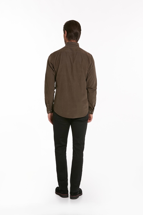Kahverengi Comfort Fit Uzun Kol %100 Pamuk Düz Klasik Gömlek - Thumbnail (3)