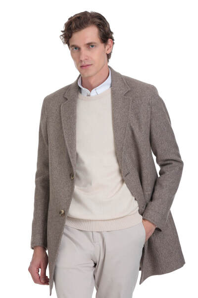 Kahverengi Slim Fit Ceket Yaka Yünlü Kaşe Palto 
