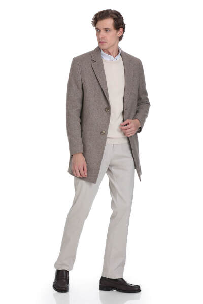 Kahverengi Slim Fit Ceket Yaka Yünlü Kaşe Palto - 2