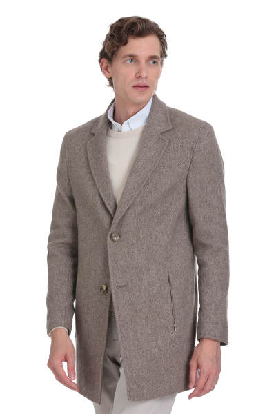 Kahverengi Slim Fit Ceket Yaka Yünlü Kaşe Palto - 4