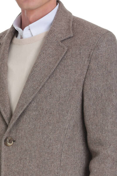 Kahverengi Slim Fit Ceket Yaka Yünlü Kaşe Palto - 5