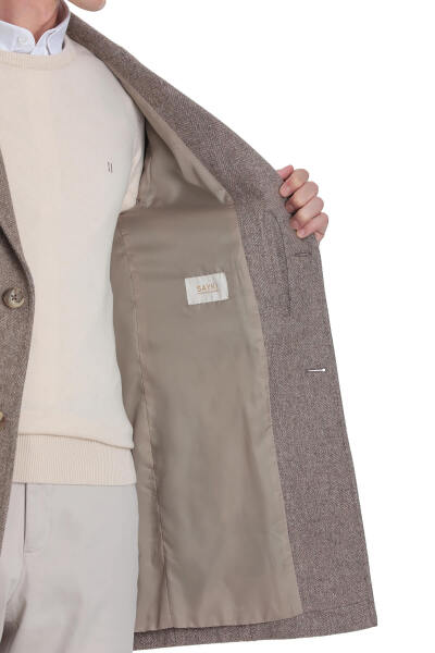 Kahverengi Slim Fit Ceket Yaka Yünlü Kaşe Palto - 6