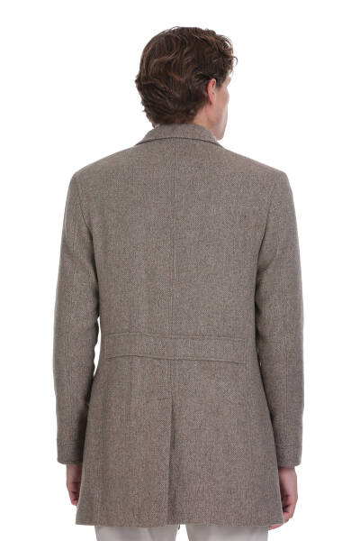 Kahverengi Slim Fit Ceket Yaka Yünlü Kaşe Palto - 7