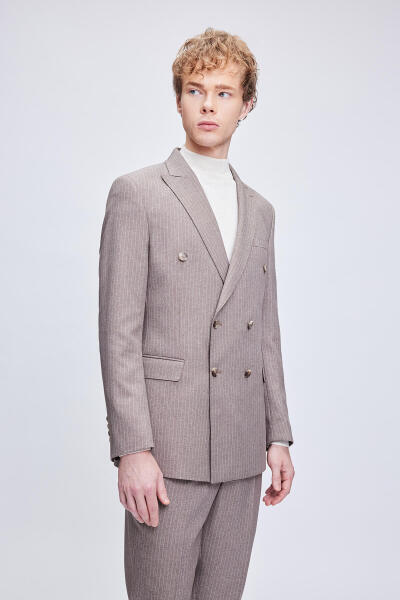 Kahverengi Slim Fit Çizgili Kruvaze Klasik Takım Elbise - 2