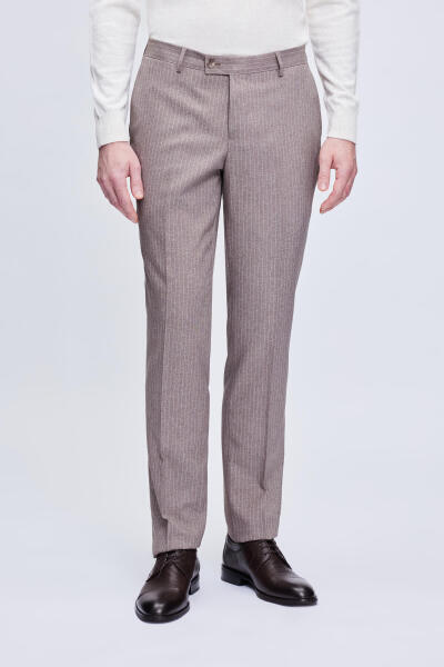 Kahverengi Slim Fit Çizgili Kruvaze Klasik Takım Elbise - 3