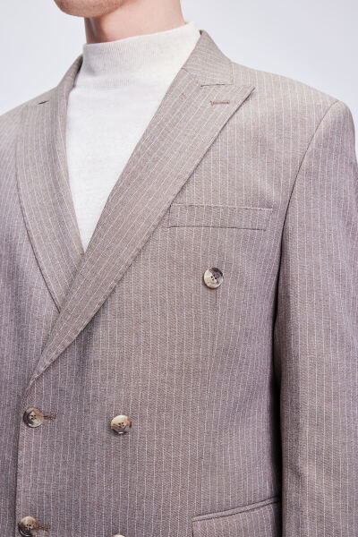 Kahverengi Slim Fit Çizgili Kruvaze Klasik Takım Elbise - 5