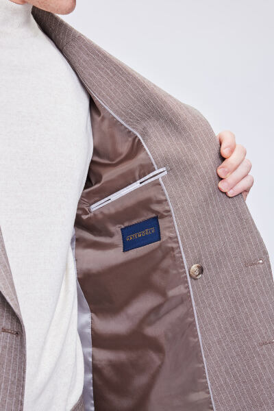 Kahverengi Slim Fit Çizgili Kruvaze Klasik Takım Elbise - 6