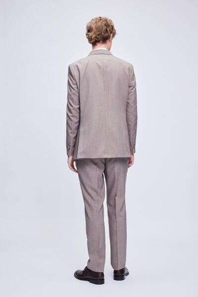 Kahverengi Slim Fit Çizgili Kruvaze Klasik Takım Elbise - 8