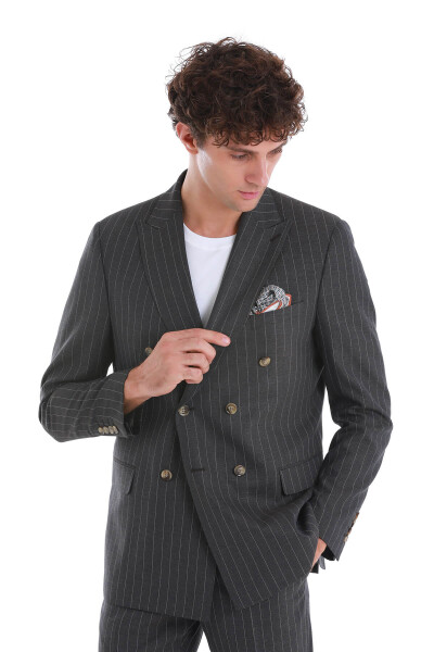 Kahverengi Slim Fit Çizgili Kruvaze Takım Elbise - 5