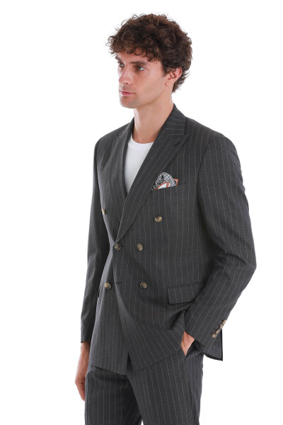 Kahverengi Slim Fit Çizgili Kruvaze Takım Elbise - 6