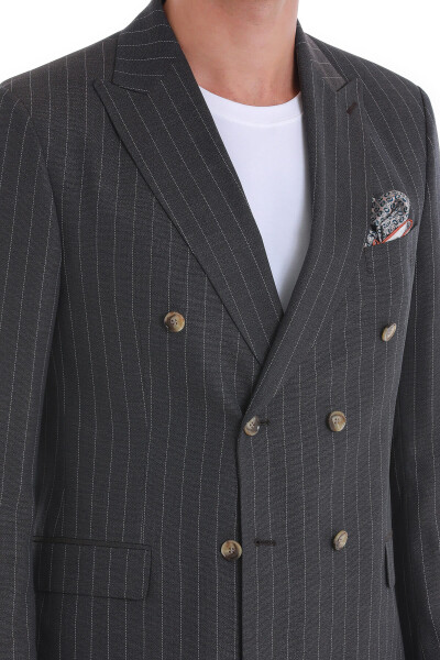 Kahverengi Slim Fit Çizgili Kruvaze Takım Elbise - 7