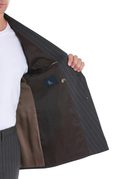 Kahverengi Slim Fit Çizgili Kruvaze Takım Elbise - 8