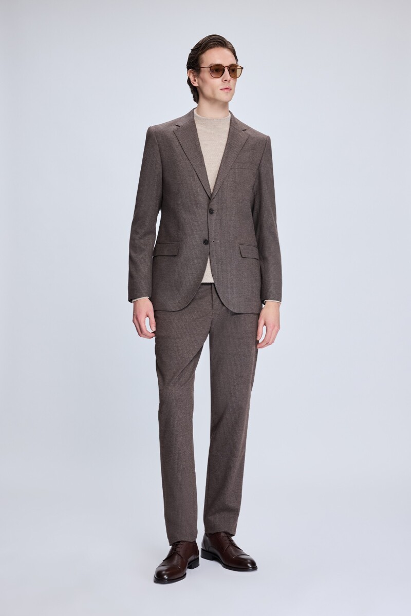 Kahverengi Slim Fit Çizgili Mono Yaka Klasik Takım Elbise - Hatemoğlu