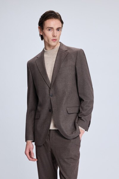 Kahverengi Slim Fit Çizgili Mono Yaka Klasik Takım Elbise - 2
