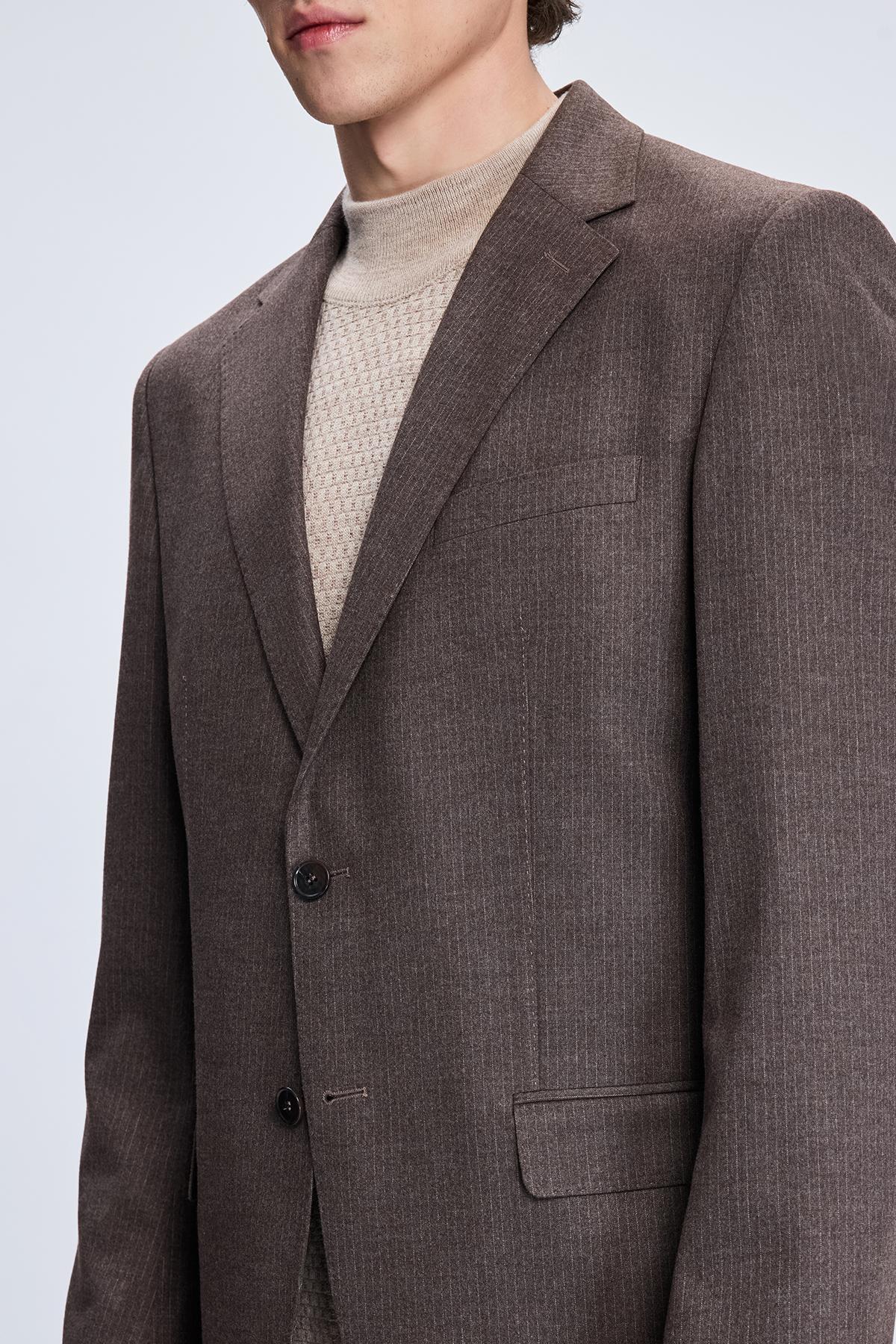 Kahverengi Slim Fit Çizgili Mono Yaka Klasik Takım Elbise - 3