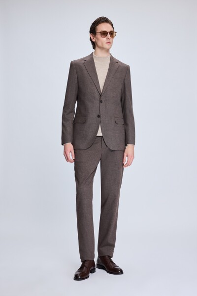 Kahverengi Slim Fit Çizgili Mono Yaka Klasik Takım Elbise 