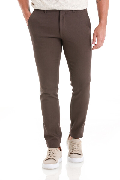 Kahverengi Slim Fit Desenli Pamuklu Yandan Cep Kanvas Pantolon 