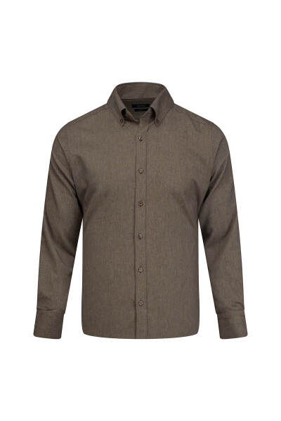 Kahverengi Slim Fit Düğmeli Yaka Pamuklu Uzun Kollu Spor Gömlek 