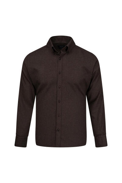Kahverengi Slim Fit Düğmeli Yaka Pamuklu Uzun Kollu Spor Gömlek 