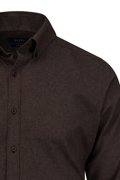 Kahverengi Slim Fit Düğmeli Yaka Pamuklu Uzun Kollu Spor Gömlek - 2
