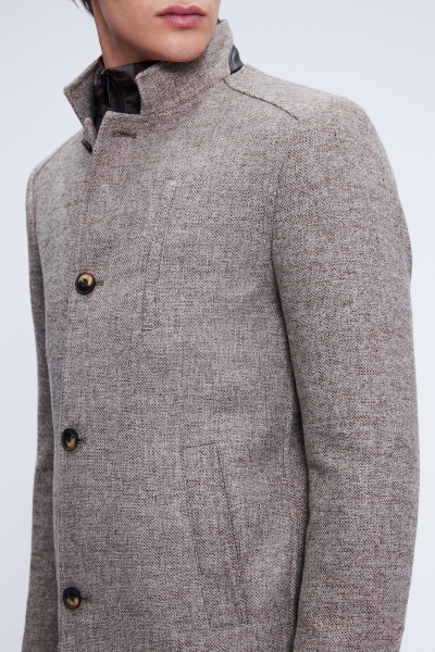 Kahverengi Slim Fit Düz Hakim Yaka Yünlü Palto - 3