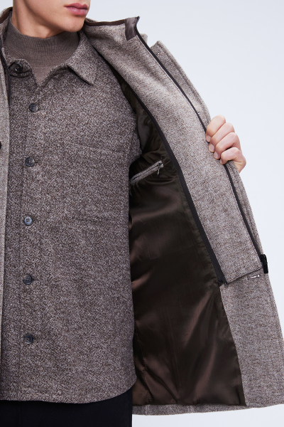 Kahverengi Slim Fit Düz Hakim Yaka Yünlü Palto - 4