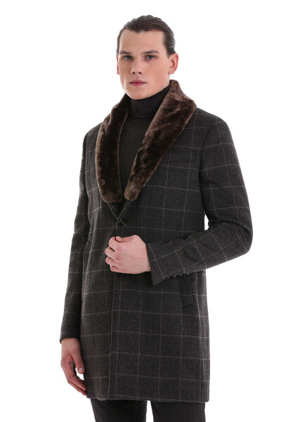 Kahverengi Slim Fit Mono Yaka Yünlü Kaşe Palto - 1