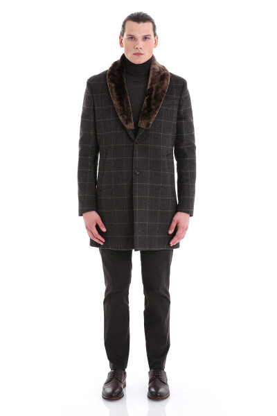 Kahverengi Slim Fit Mono Yaka Yünlü Kaşe Palto - 2