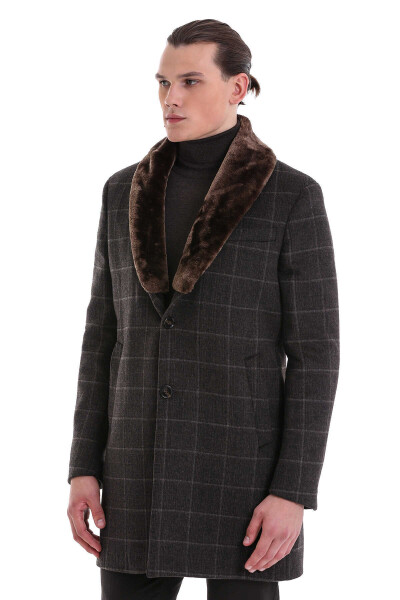 Kahverengi Slim Fit Mono Yaka Yünlü Kaşe Palto - 3