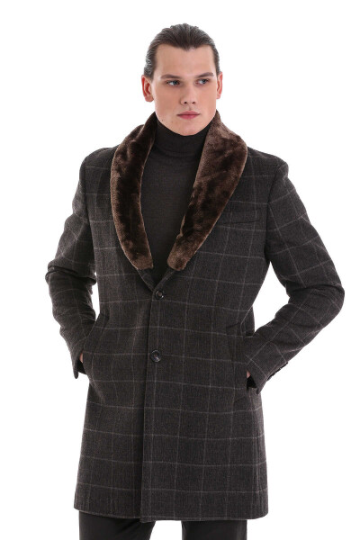 Kahverengi Slim Fit Mono Yaka Yünlü Kaşe Palto - 4