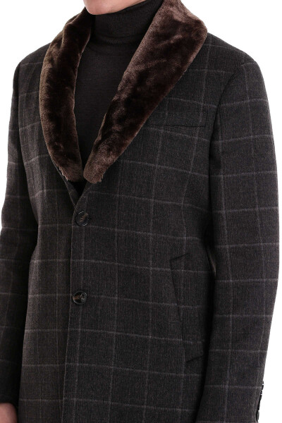 Kahverengi Slim Fit Mono Yaka Yünlü Kaşe Palto - 5