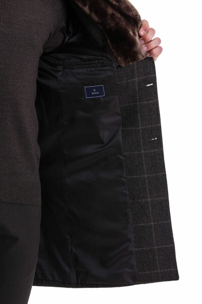 Kahverengi Slim Fit Mono Yaka Yünlü Kaşe Palto - 6