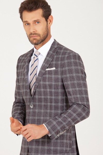 Bordo Slim Fit Ekoseli Ceket - 3