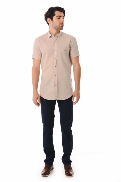 Kahverengi Slim Fit Kısa Kol Keten Gömlek - 2