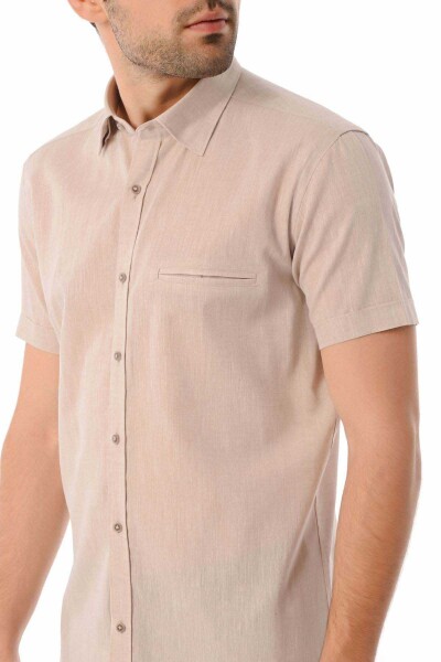 Kahverengi Slim Fit Kısa Kol Keten Gömlek - 4