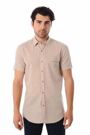 Kahverengi Slim Fit Kısa Kol Keten Gömlek - 5