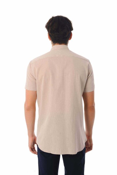 Kahverengi Slim Fit Kısa Kol Keten Gömlek - 8